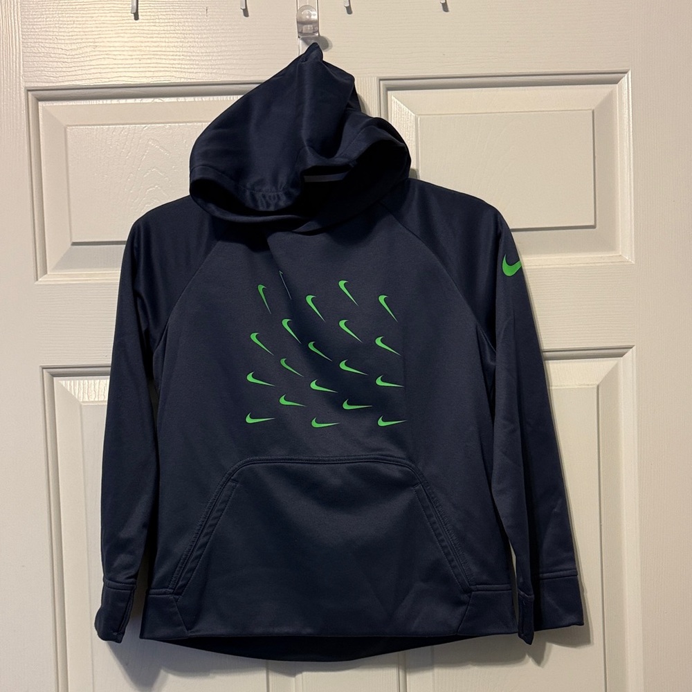 Nike Kids Dark Blue Hoodie with Neon Green Swooshes thermafit size medium
